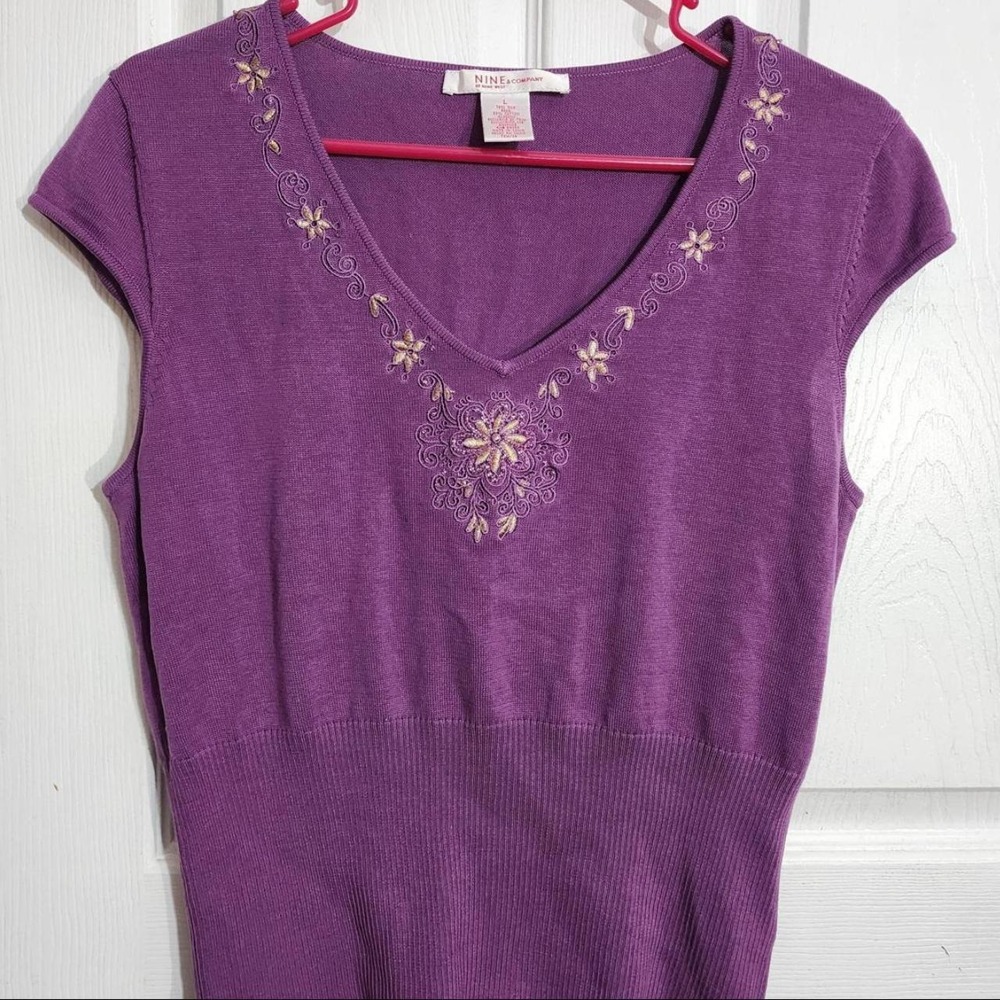 Y2K Purple Embroidered Short Sleeve Knit Top